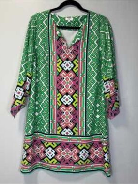 crown & ivy Green Geometric Mini Dress with Pink and Yellow Accents size 6P